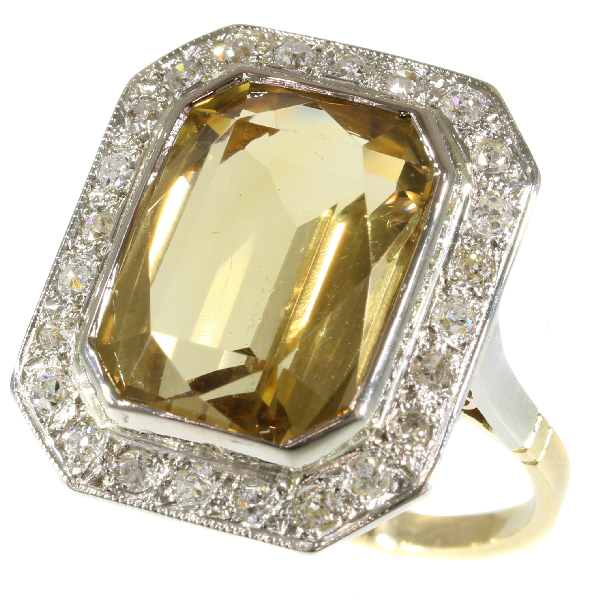 Vintage warm yellow citrine and diamond ring from the fifties.